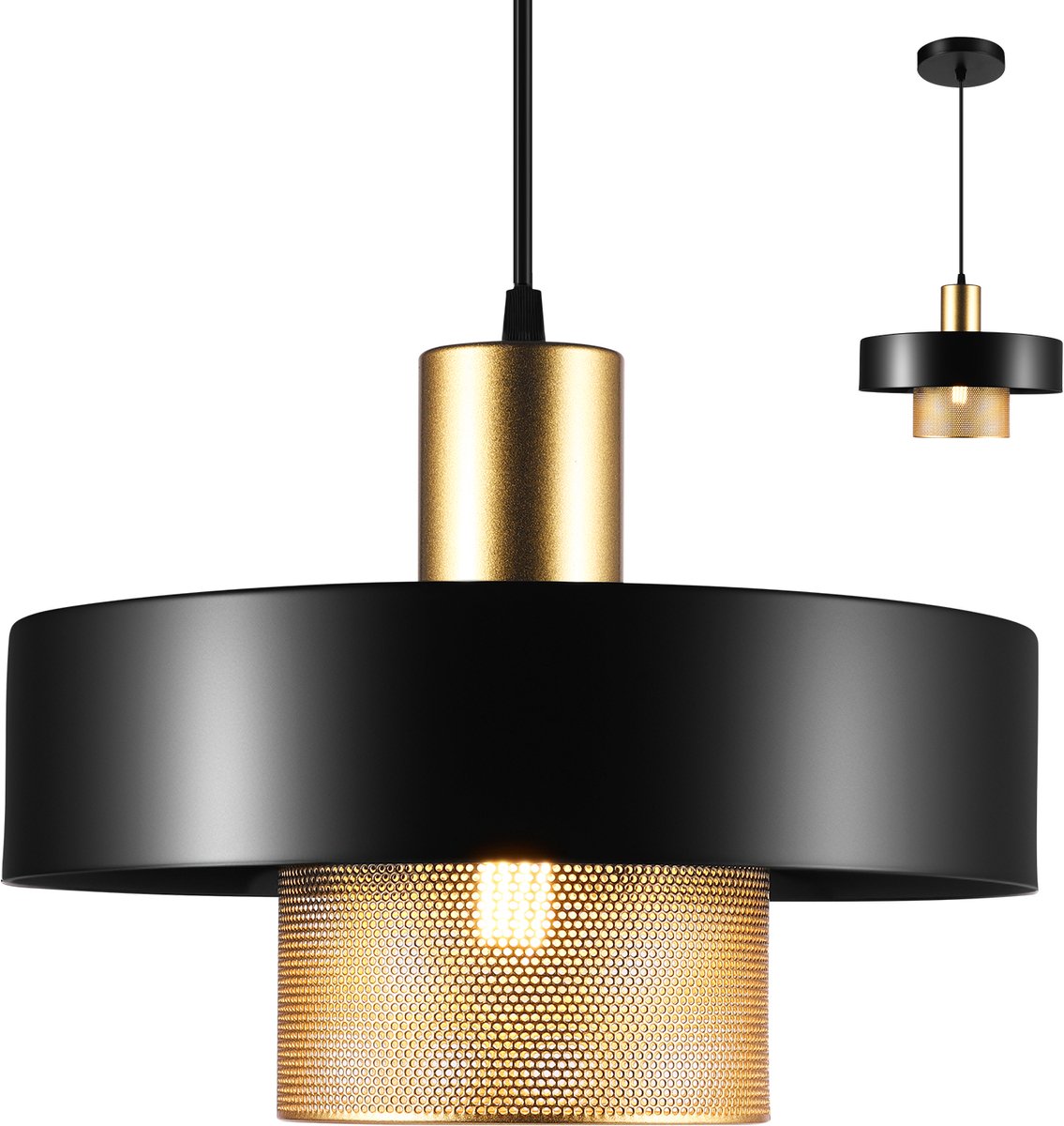 Lemlit IndustriëleLemlit Industriële Hanglamp - Metalen Pendellamp - Eettafel Hanglamp voor Keukeneiland Eetkamer Slaapkamer en Hal - 22 x 30 cm - Zwart Goud - Zonder Lichtbro