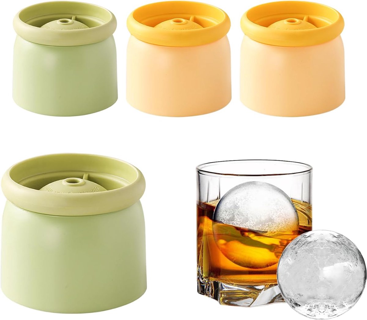 VHV - Ijsblokjesvorm - Ijsblokjesvorm met deksel - Set van 4 ronde ijsblokjesvormen - Maak bolvormige ijsblokjes van 6 cm - Voor cocktails en andere drankjes - IJsblokjesvormen voor de vriezer - bolvormige ijsmakers - Groen en geel