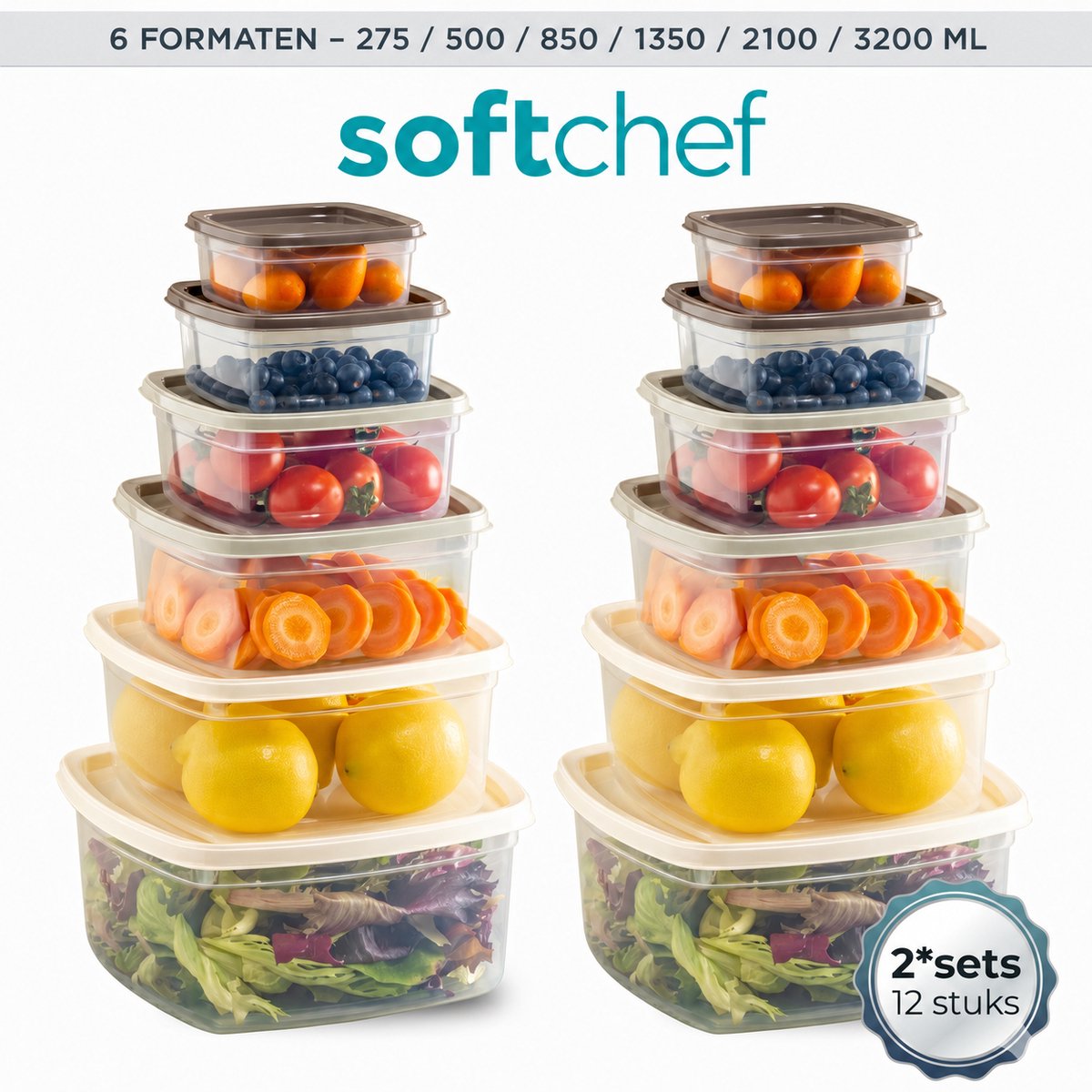 Soft Chef Easy Box 12 Delige Voedselbewaarset Vierkant BPA Vrij Stapelbaar Vaatwasser En Vriezer Bestendig 275ml to 3200ml (2x6 Stuks)