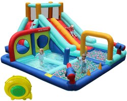 Opblaasbaar Springkussen met Glijbaan - Waterpark Outdoor - Waterspeelgoed met Blower - Dubbele Glijbaan - Klimmuur - Waterpistool - Tuin - 365x450x217cm - 4 Personen - Multi
