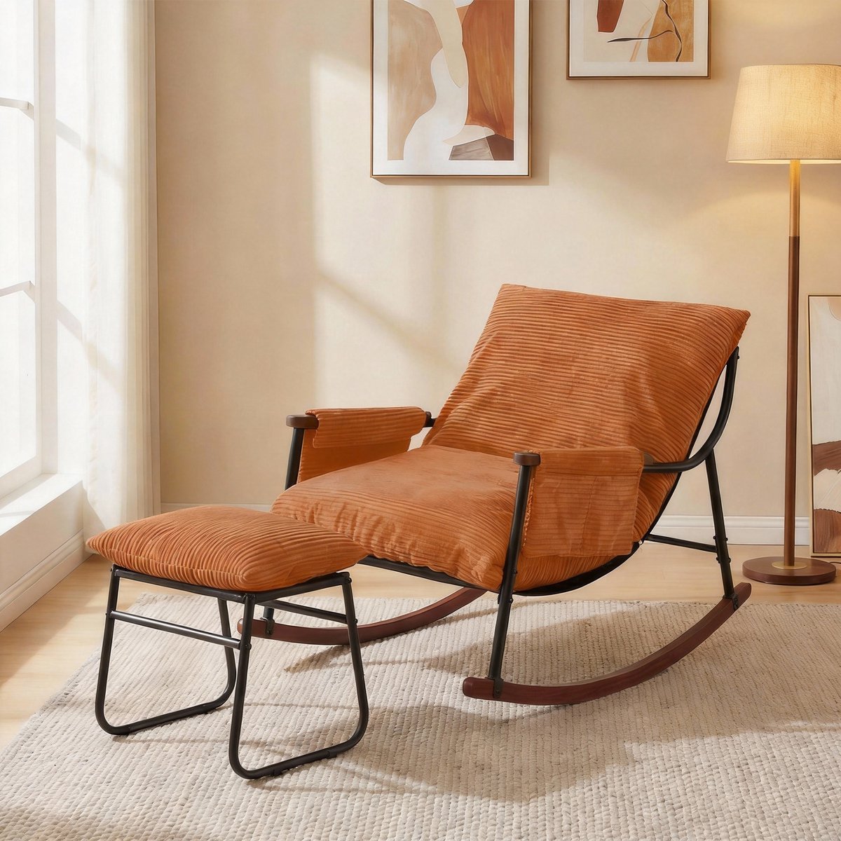 HomeMiYN Velvet Striped Fabric Rocking Chair – Caramel – 180kg Capacity – Comfortable Modern Design – Perfect for Living Room, Patio & Bedroom – Ergonomic Rocking Chair