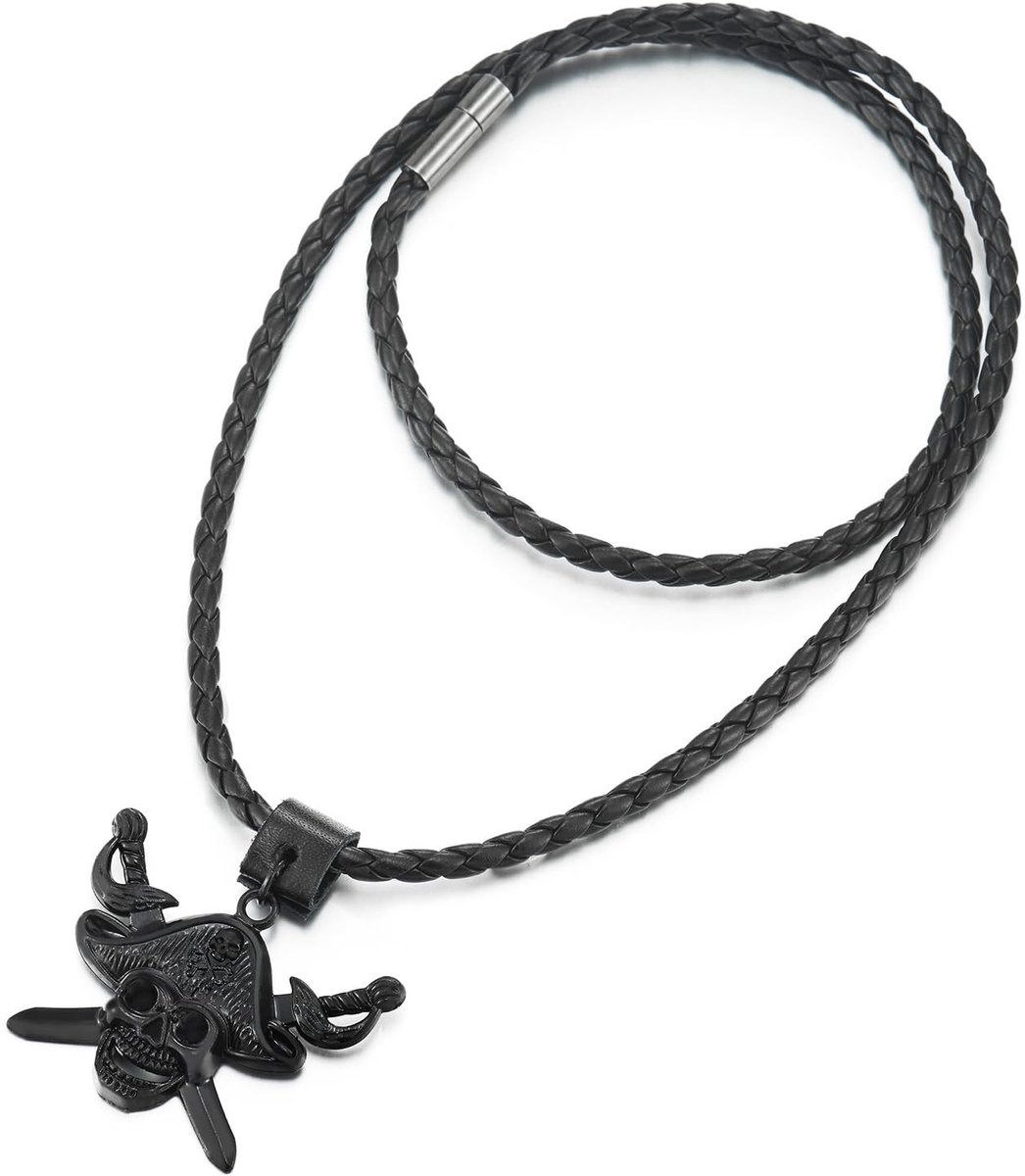 aladdien - Zwarte halsketting - Viking stijl - Uniek ontwerp - Zwart gevlochten leer - Voor heren - Schedel met hanger
