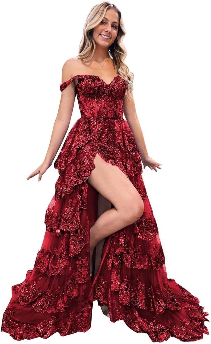 Gelaagde Tule Jurk - Avondjurk Feestjurk - Speciale Gelegenheid - Off Shoulder Corset - Lange Lengte - Glitterend