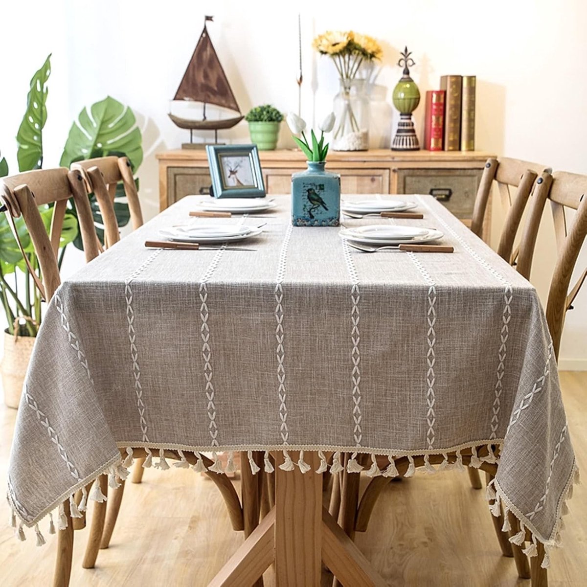 Tafelkleed Polyester - Gestreept Kleed - Buiten Dineren - Met Kwastje - 120 x 180 cm - Khaki