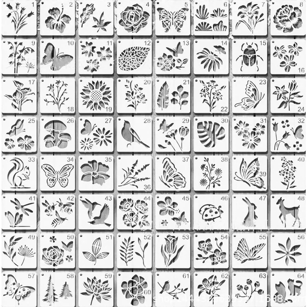 ONF3 - Herbruikbare Schablonen - 60 Stuks - Creatief schilderen - Bloemen en Dieren - Natuurverf sjablonen - Ideaal voor hobbyisten - Multicolor