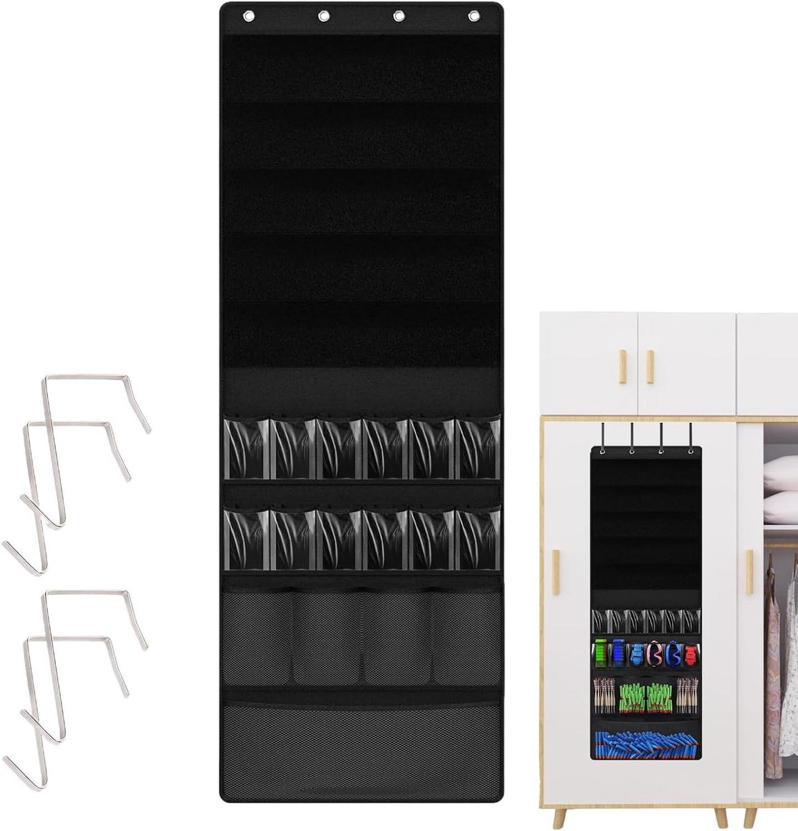 Opberghanger met vakken - Deur organizer - Ruimte benutten - Elastisch mesh grip - 170 x 60 cm - Grijs