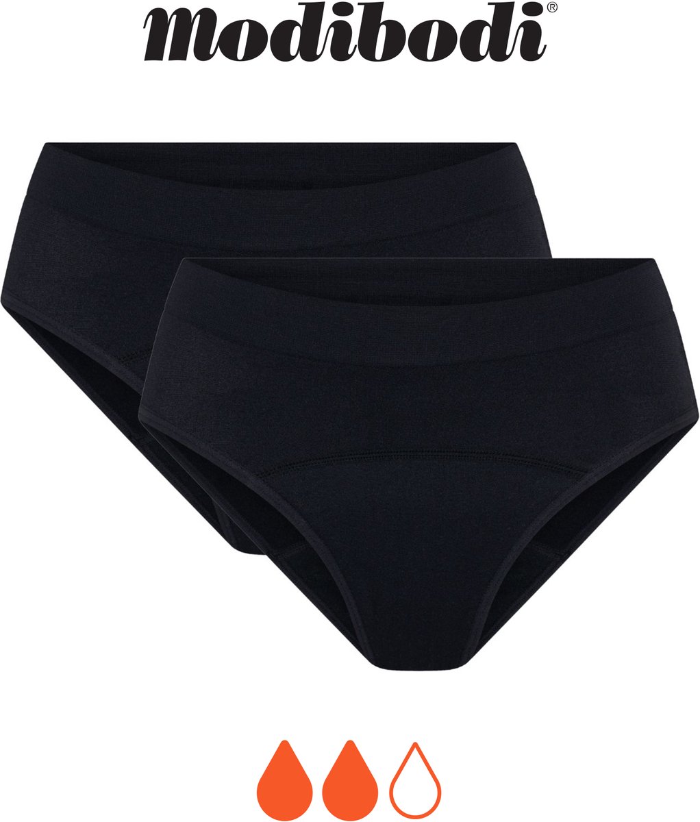 Modibodi Menstruatie Ondergoed Normaal Absorberend Tiener Zachte Stretch Naadloze Hipster Bikinislip 2-Pack Zwart Y08-12