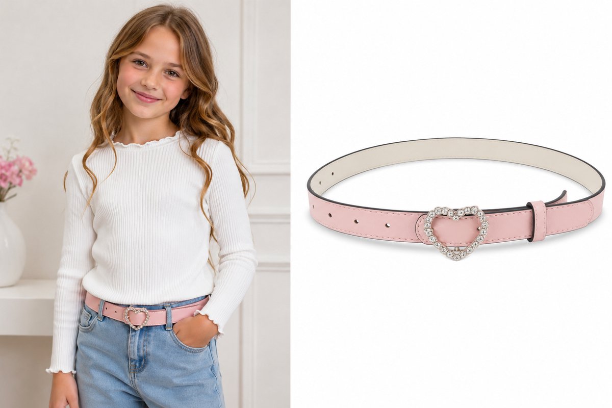 Meisjes Riem met Hart Gesp en Strass – Roze Kinderriem – Verstelbaar – Maat 75 (8-11 Jaar)