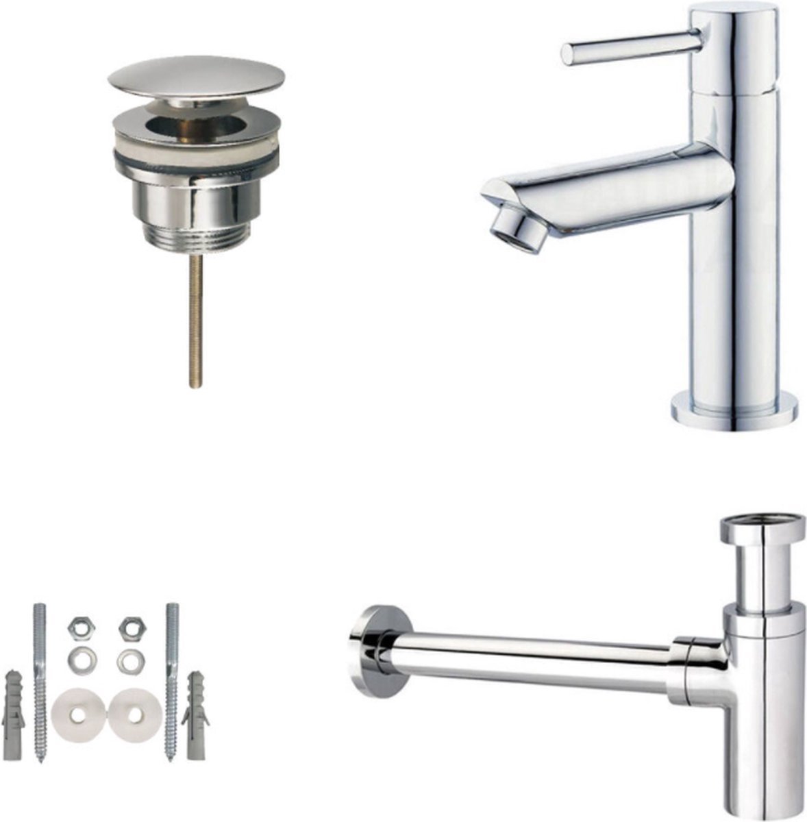 H&F Toiletkraan Set Chroom Rond – Wastafelkraan met Afvoerplug & Design Sifon – Modern Badkamer Kraanwerk