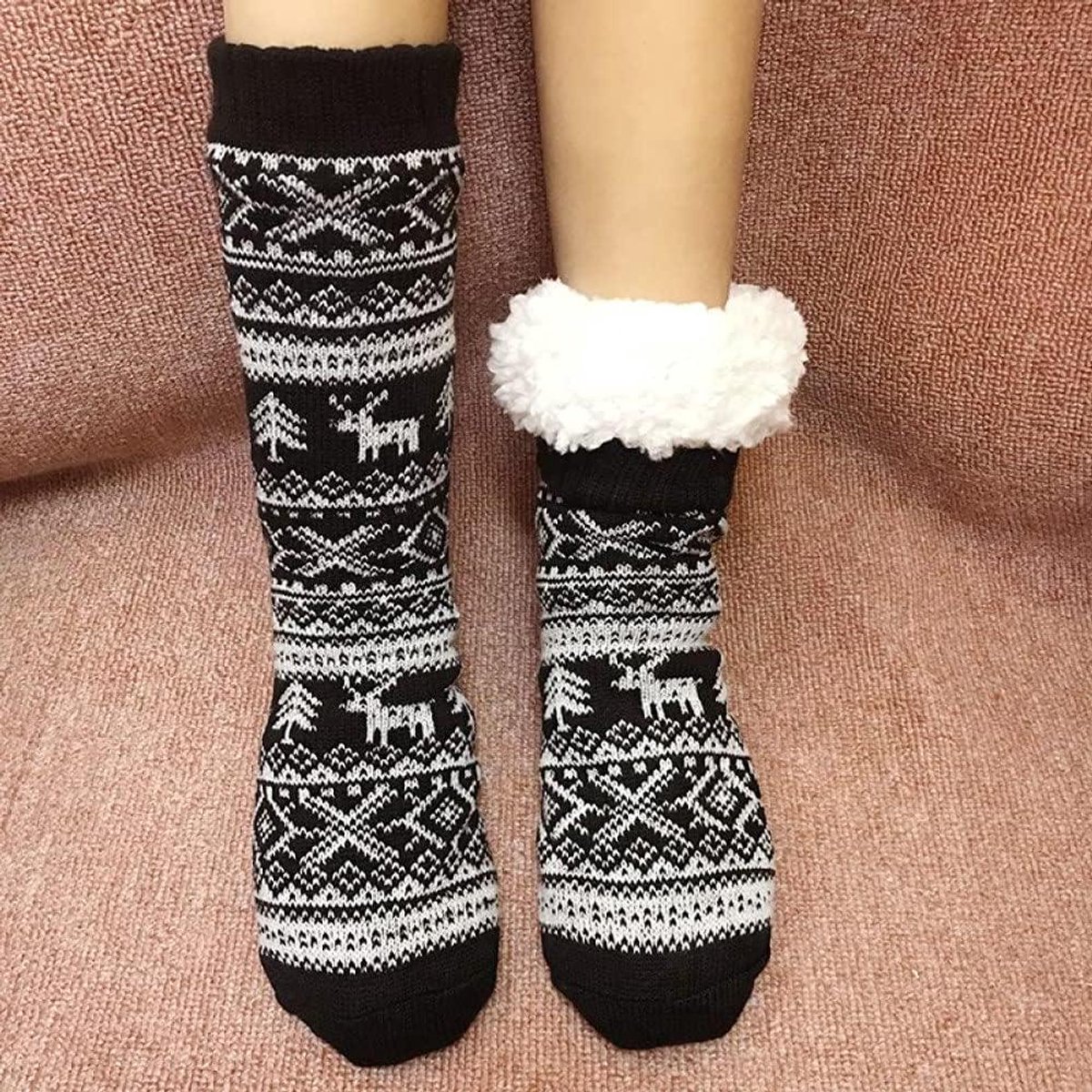 Dames Thermo Sokken - Huissokken Pluche - Warmte Thuis - Antislip Zolen - One Size - Zwart