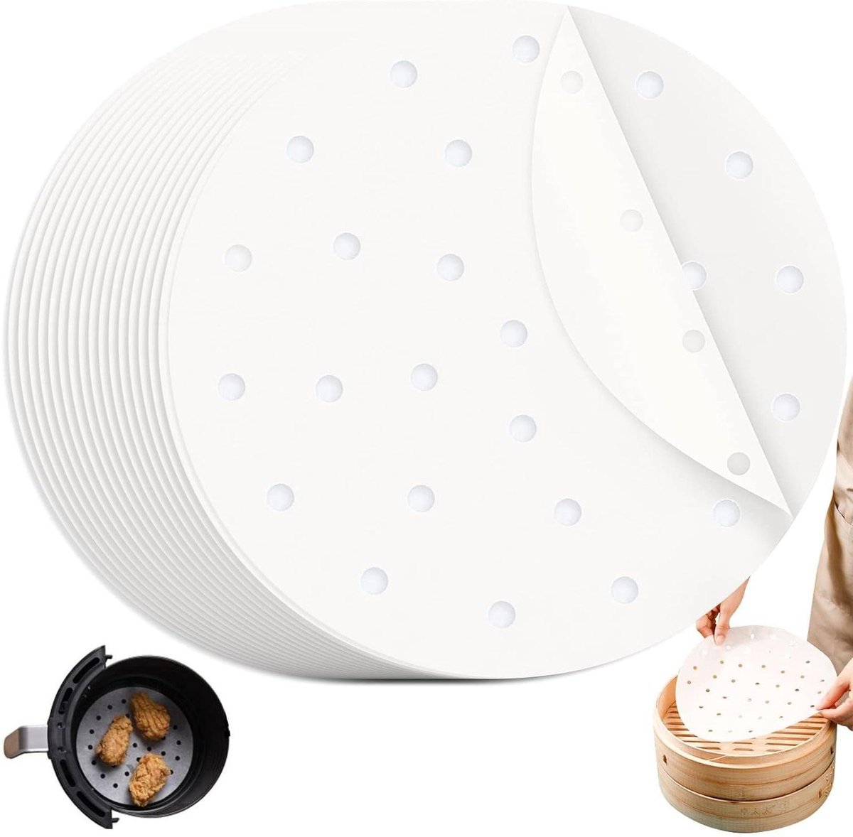 Airfryer Bakpapier - Rond Papier - Koken en Bakken - Geperforeerd Ontwerp - 100 Stuks - Wit