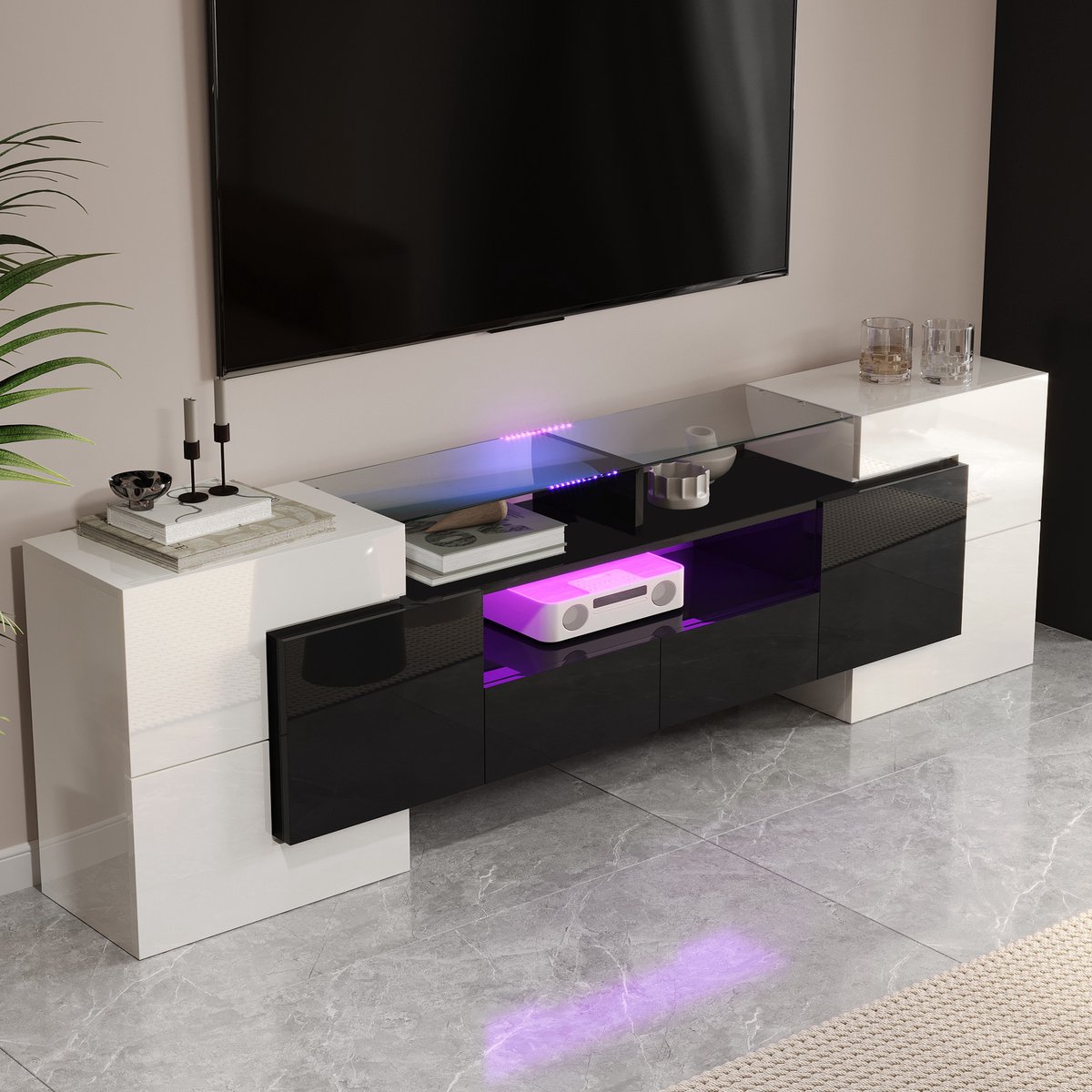 Welltin TV meubel kast - dressoir - 200 cm - met lades en opbergruimte - LED - Scandinavische stijl - Zwart