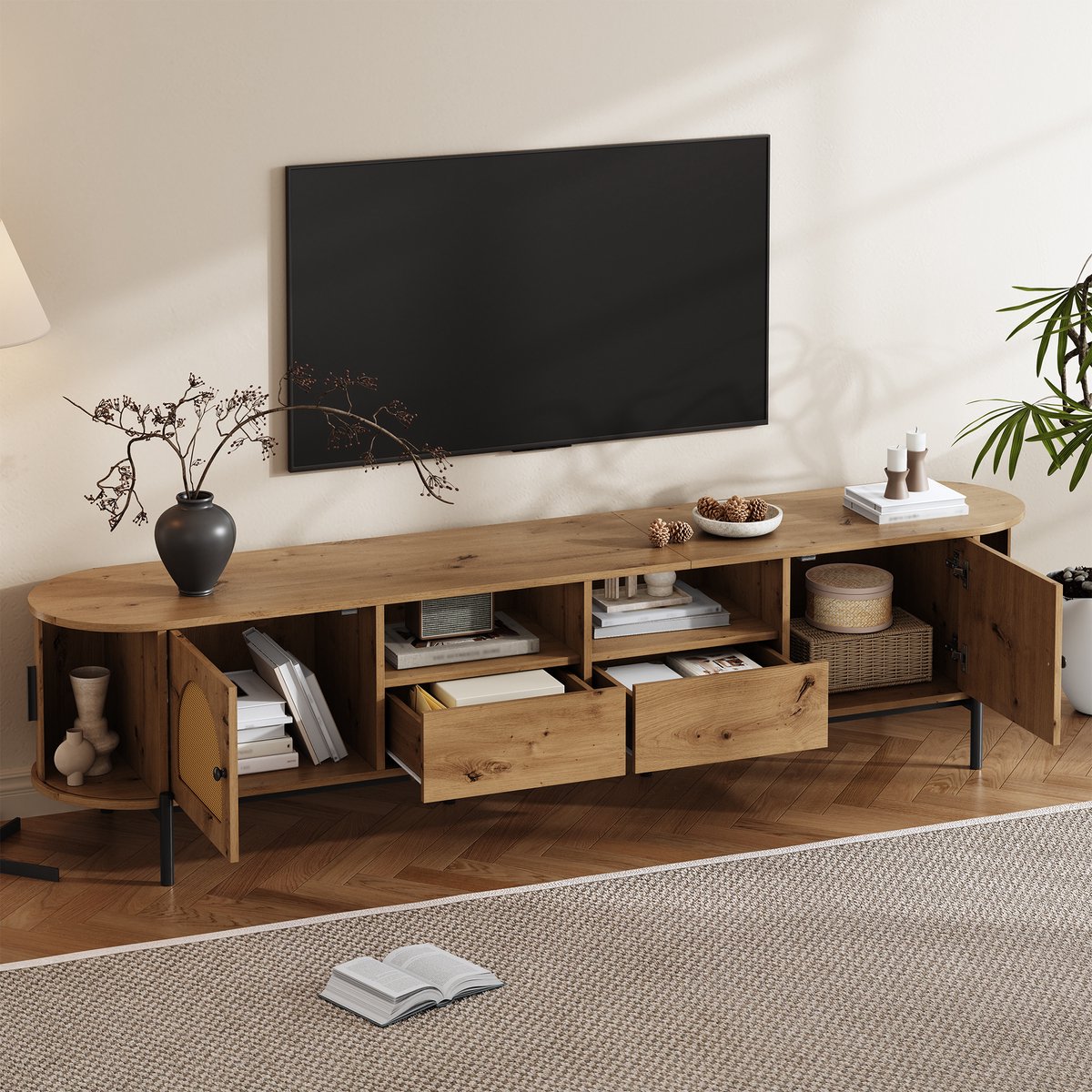 Ovale tv-meubel met rotan en lade - multifunctionele woonkameropbergkast - houtkleur