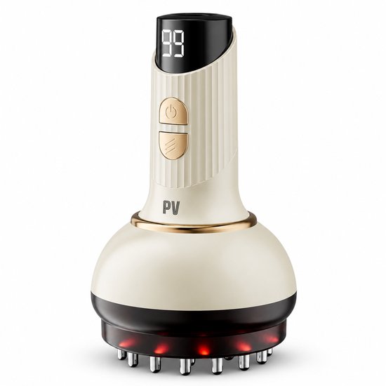 Crèmekleurig massageapparaat met gouden accenten, LCD-display en 21 massage noppen met rode LED's.