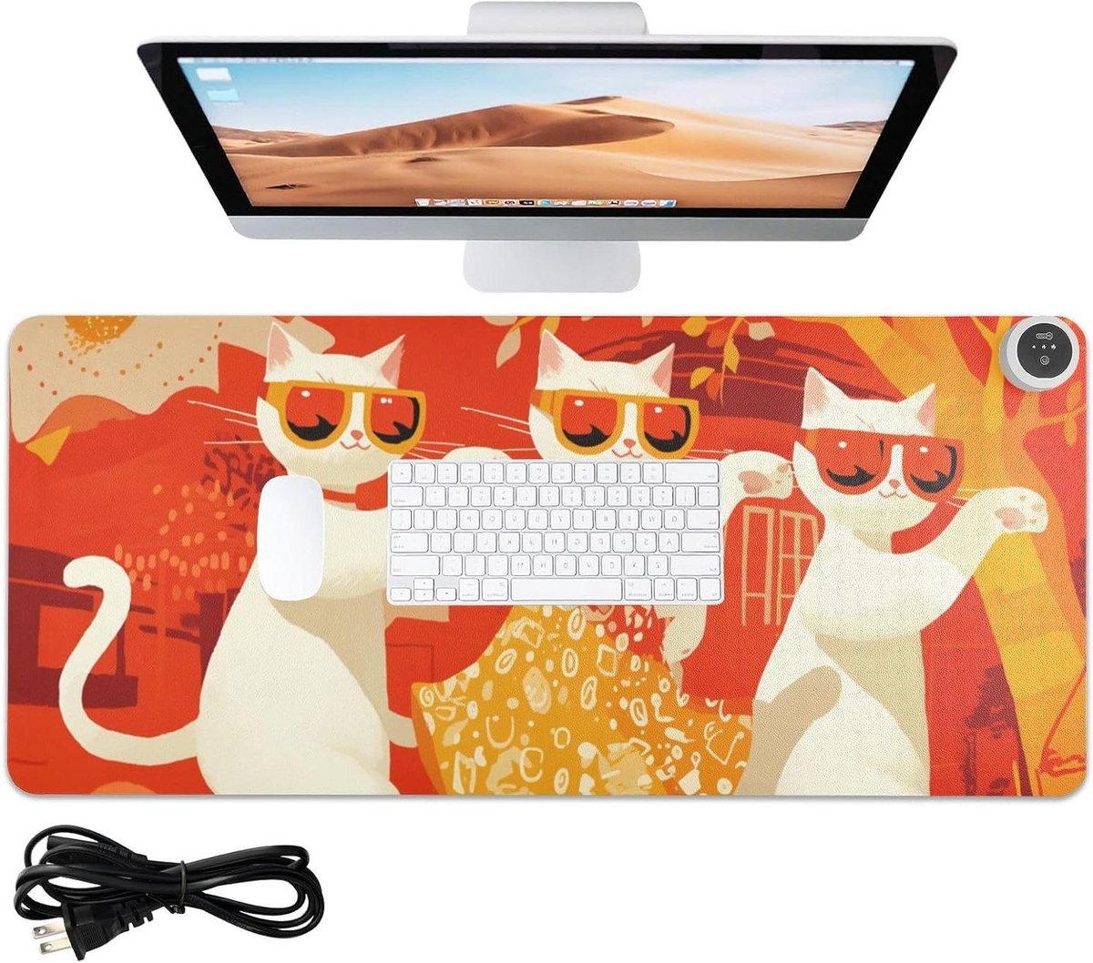 Verwarmde Muispad - Bureau mat - Thuiswerken - Snelle verwarming - 80 cm - Wit met katten