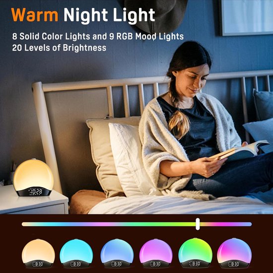 Wekker met Licht - Wake Up Light - Rustig Ontwaken - 22 Natuurlijke Geluiden - 17 Kleuren - Geel van Merkloos — afbeelding 2
