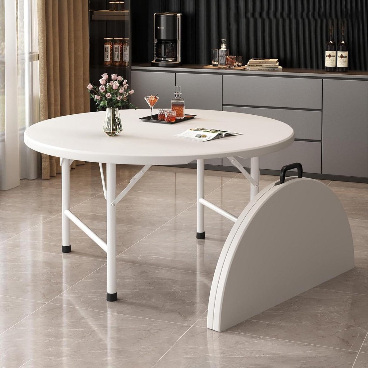Ronde Klaptafel - Picknicktafel Handvat - Buitenfeesten Organiseren - Compact Draagbaar Ontwerp - 120 cm Diameter - Wit
