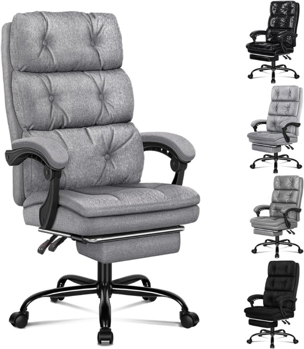 Dubbel Laags Bureaustoel - 150° Kantelbare Hoge Rugleuning - 360° Draaistoel Met Voetensteun - Ergonomische Computerstoel - Stoffen Uitvoering - Grijs