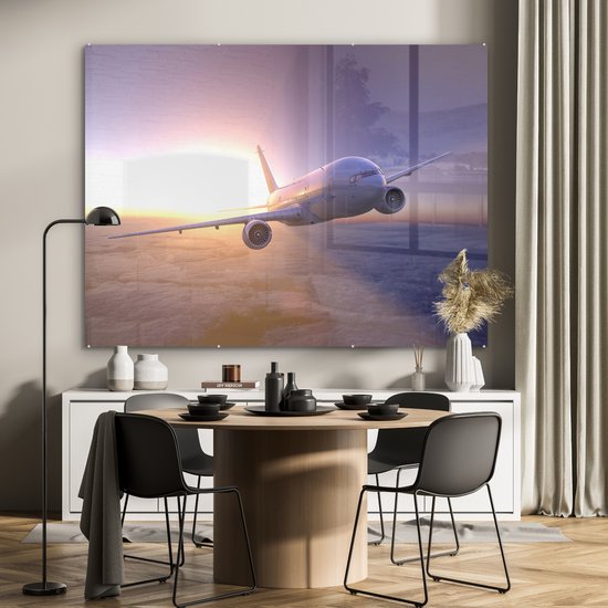 Un avion volant au-dessus des nuages au coucher du soleil Plexiglas 160x120 cm - Tirage photo sur verre (décoration murale plexiglas) XXL / Grand format!