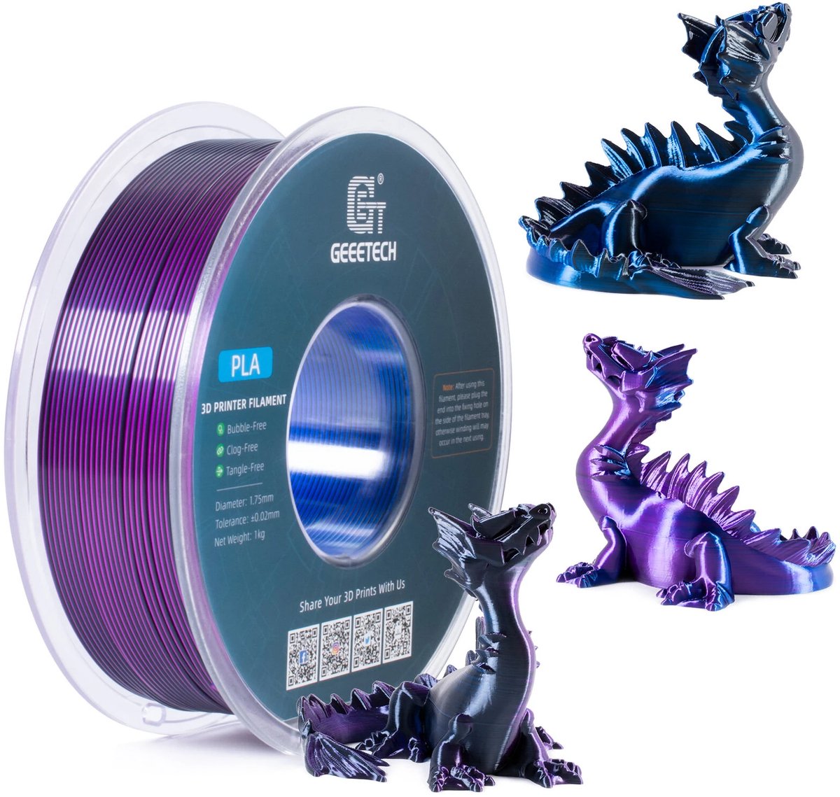 Geeetech PLA Silk+ Tricolor 3D-Printer Filament – Blauw Paars Zwart – 1.75mm – 1KG – Hoogglans Silk Effect