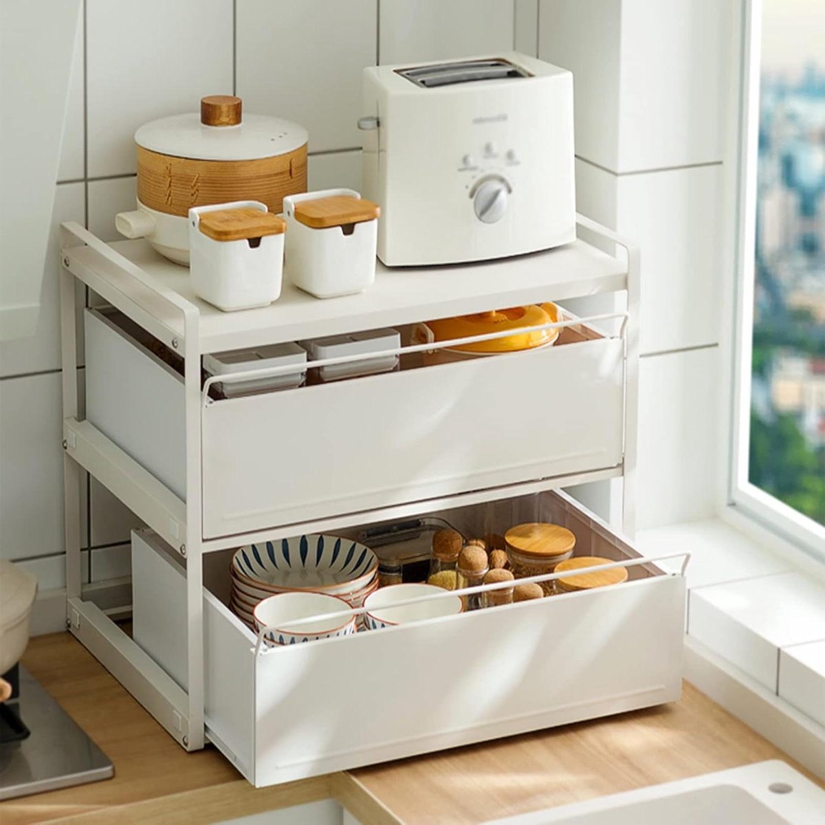 Keukenlade Organizer - Opbergrek - Kasten Organiseren - Dubbele Laag - 40x40x44.8cm - Wit