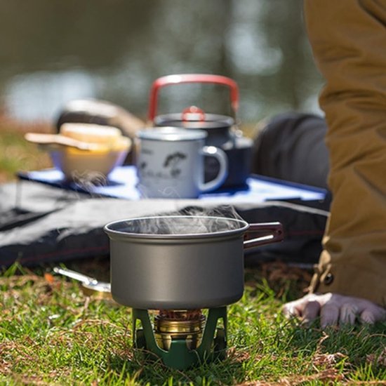 ‌Ultralight Alcohol Stove Burner Set - Mini Camping Cook Stove with Aluminum Pot Stand & Storage Bag for Backpacking, Hiking, Picnic(Green) — afbeelding 3