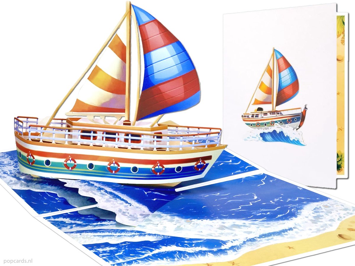 Popcards Pop-up Kaart - Kleurrijke Zeilboot op Zee | 3D Wenskaart Zeilschip Boot Schip Pop-up kaart Wenskaart 3D kaart