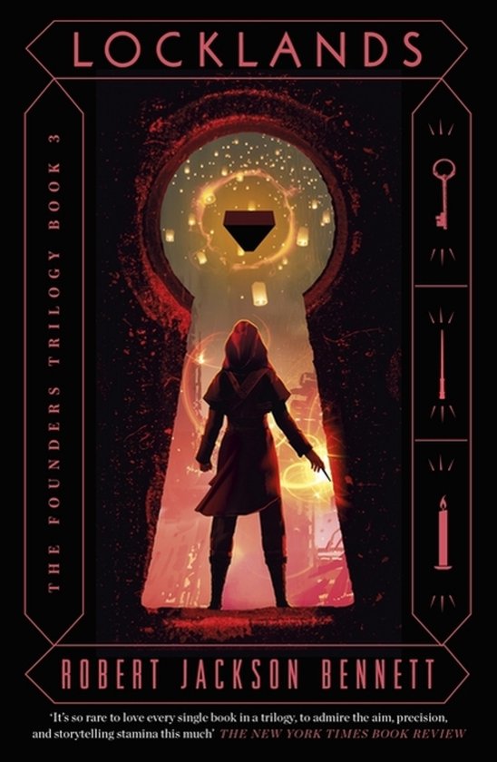 Boekomslag van Locklands, het derde deel van The Founders Trilogy, met een figuur in een rode mantel die door een sleutelgat kijkt naar een magische wereld.
