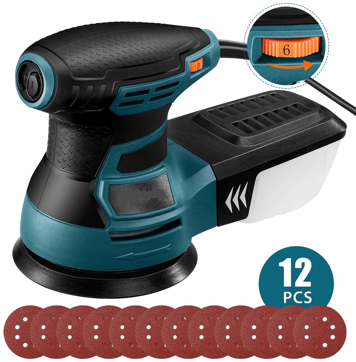 UrbanSelect Schuurmachine - Palmschuurmachine - 350W - 6 Snelheden - 12 Schuurvellen - Anti Slip Grip - Lage Trillingen - Blauw