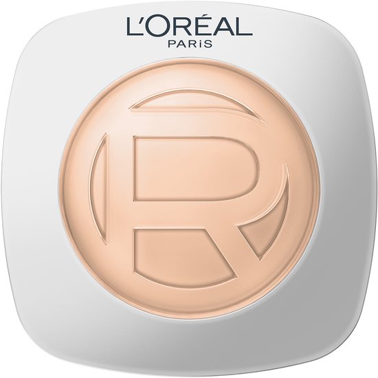Lichtbeige foundation in een vierkant doosje met L'Oréal logo.