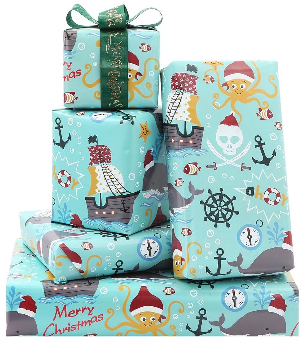 aladdien - Kerst Inpakpapier - Piraten Thema - Perfect voor Kinderen - Blauw - Oceaan Dieren - 4 Vellen met Strik