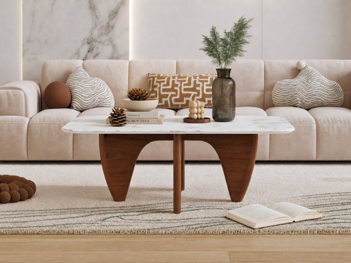 Salontafel Walnoot Hout – Vierkant Marmer – Coffee Table - Tafel