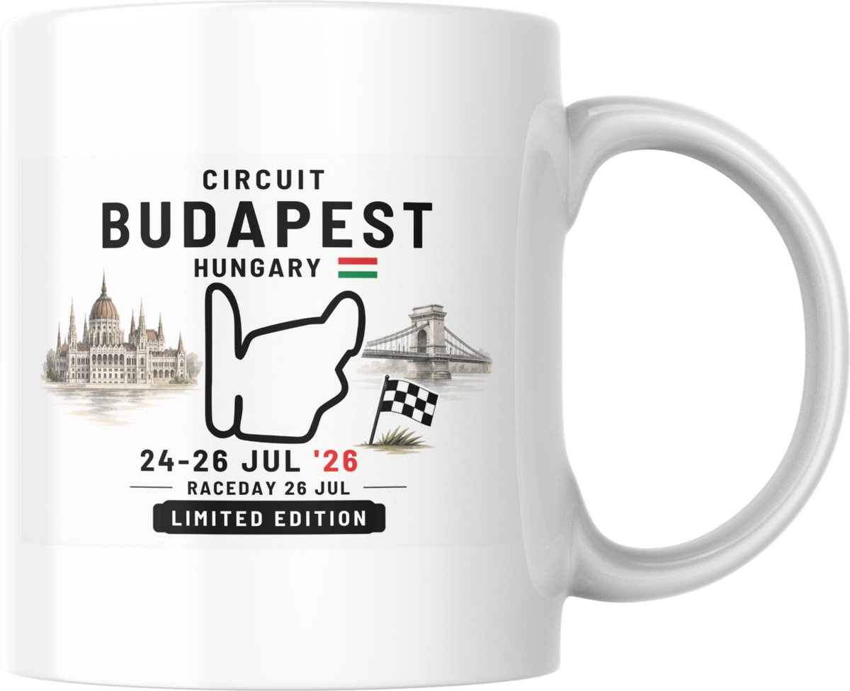 Hip met Pit Creaties - F1 Mok Boedapest 2026 - Formule 1 Circuit Mok - Grand Prix Boedapest 24-26 JUL '26 - Racedag 26 JUL - F1 Cadeau - Limited Edition Racefan Merchandise