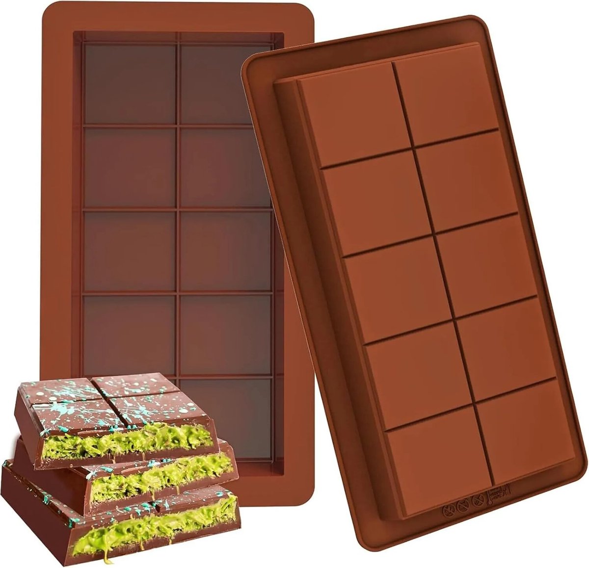 Siliconen chocoladevormen, vormen voor pure chocoladerepen, set van 2. Extra pure chocoladevormen.