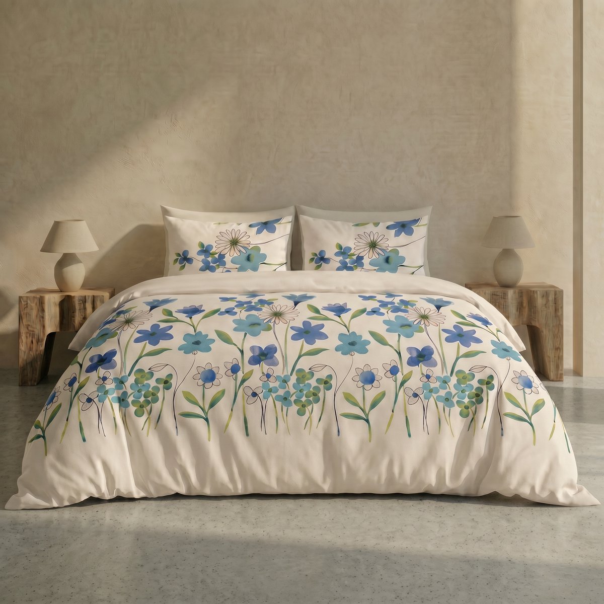 Dreamers Den Fleurette Blauw – Dekbedovertrek 100% Katoen met Bloemenprint en Extra Lange Instopstrook – Lits Jumeaux 240x200/260 cm