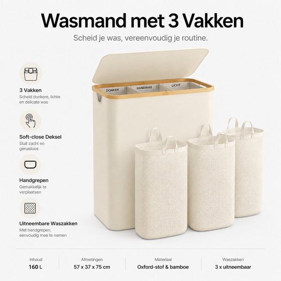 Beige wasmand met 3 vakken en bamboe deksel. Met 3 uitneembare waszakken. Afmetingen 75x57x37cm.