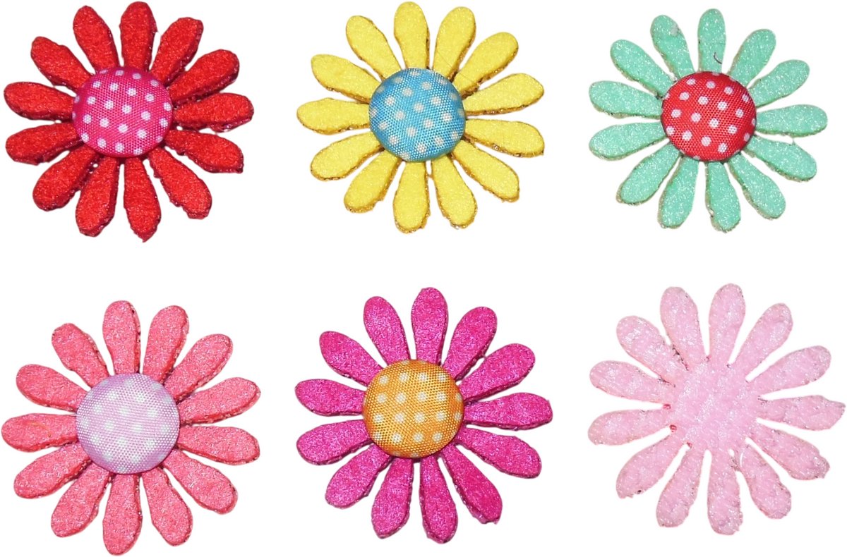Haarversiering bloemetjes-vorm met klittenband diverse kleuren set van 6 stuks.