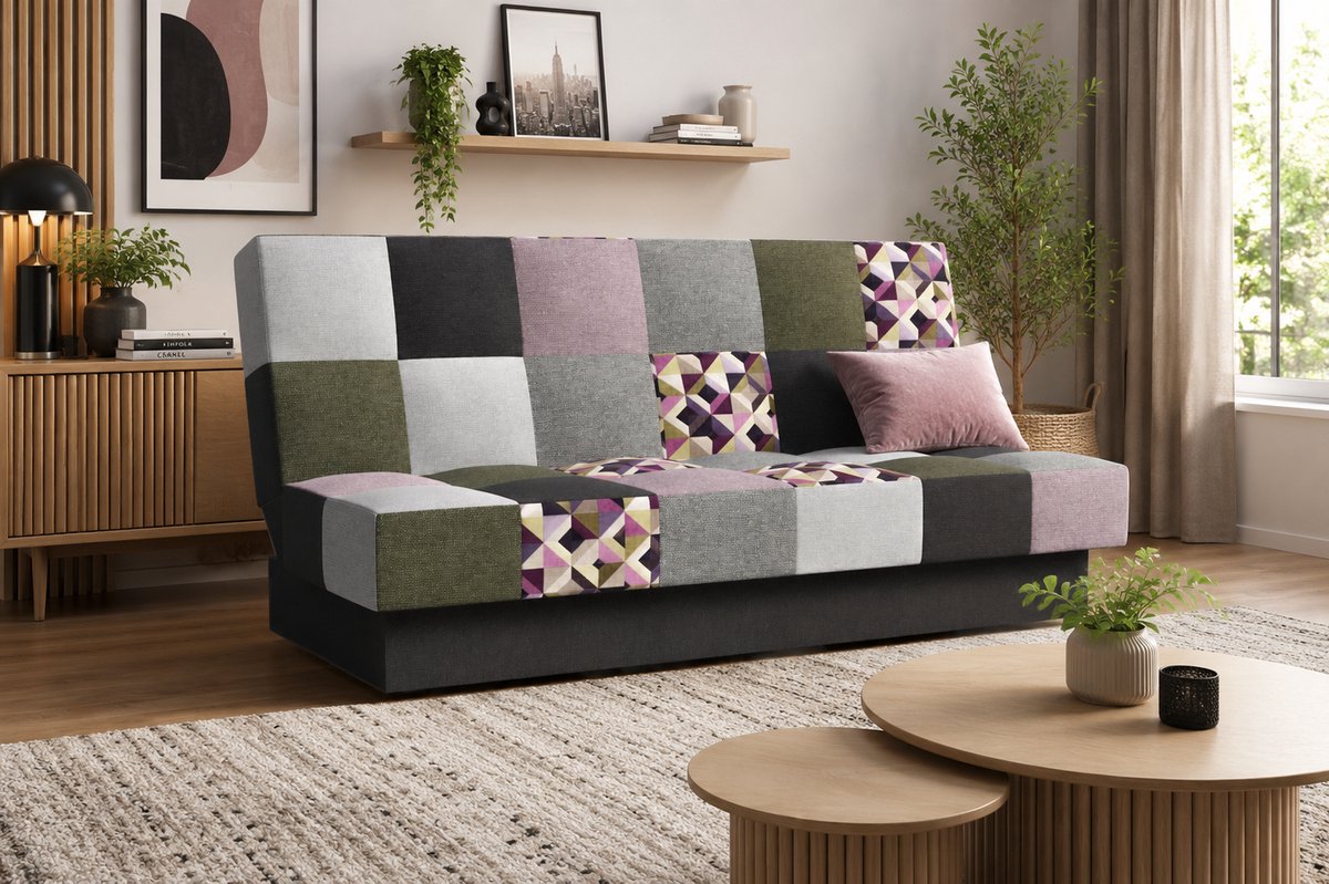 Slaapbank, sofa met slaapfunctie en opbergruimte, moderne bank, 3-zits, Slaapbank - Cyprus patchwork - Roze + Olijf - Bragi 28/34/77/91/16 + M102