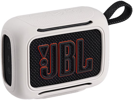 Witte beschermhoes met zwart JBL-logo in oranje omlijsting, met lusje.