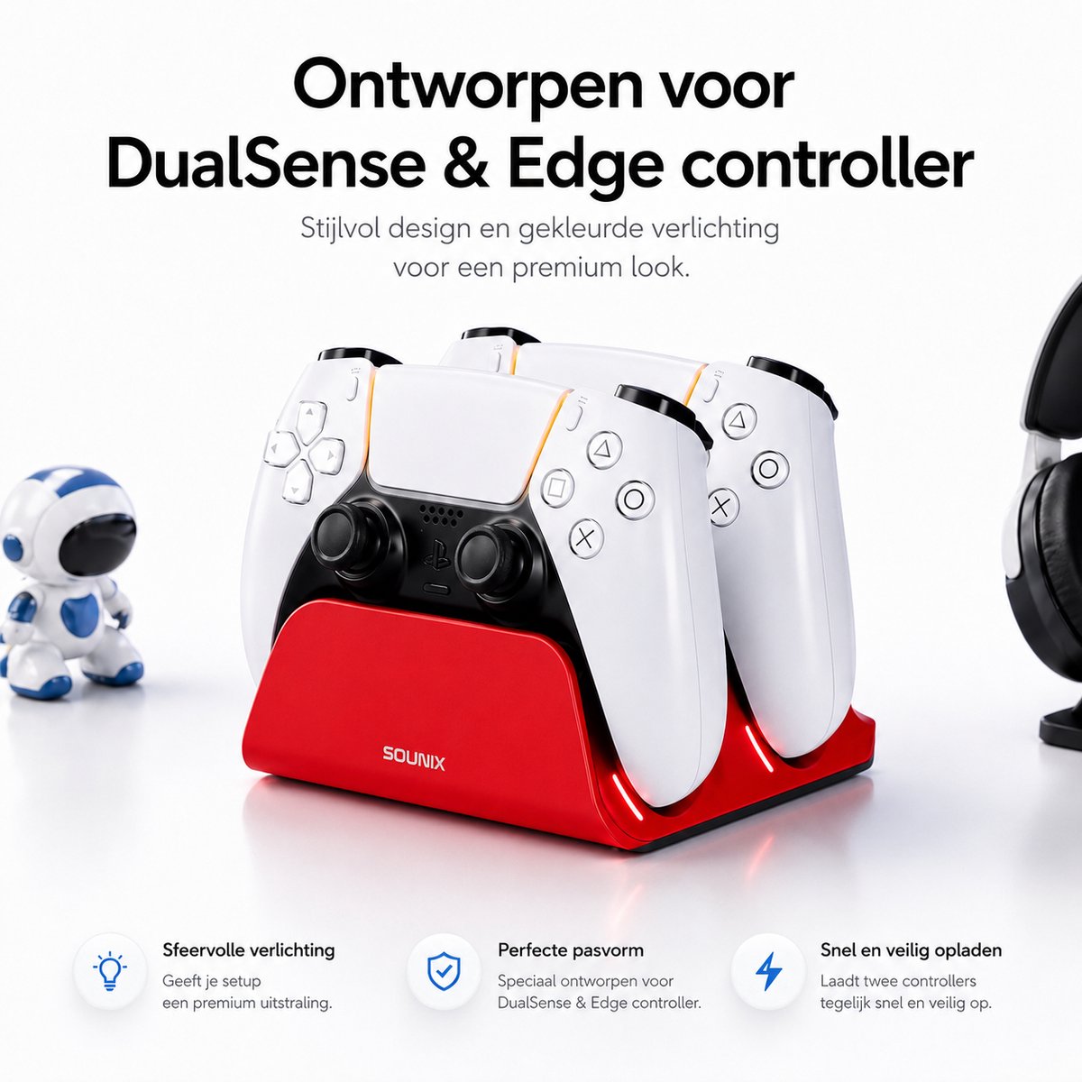 Sounix Oplaadstation geschikt voor PS5 / PS5 Slim / PS5 PRO / DualSense Controller - PS5 accessoires - Dual Oplader - Charging Dock - Rood – foto 5