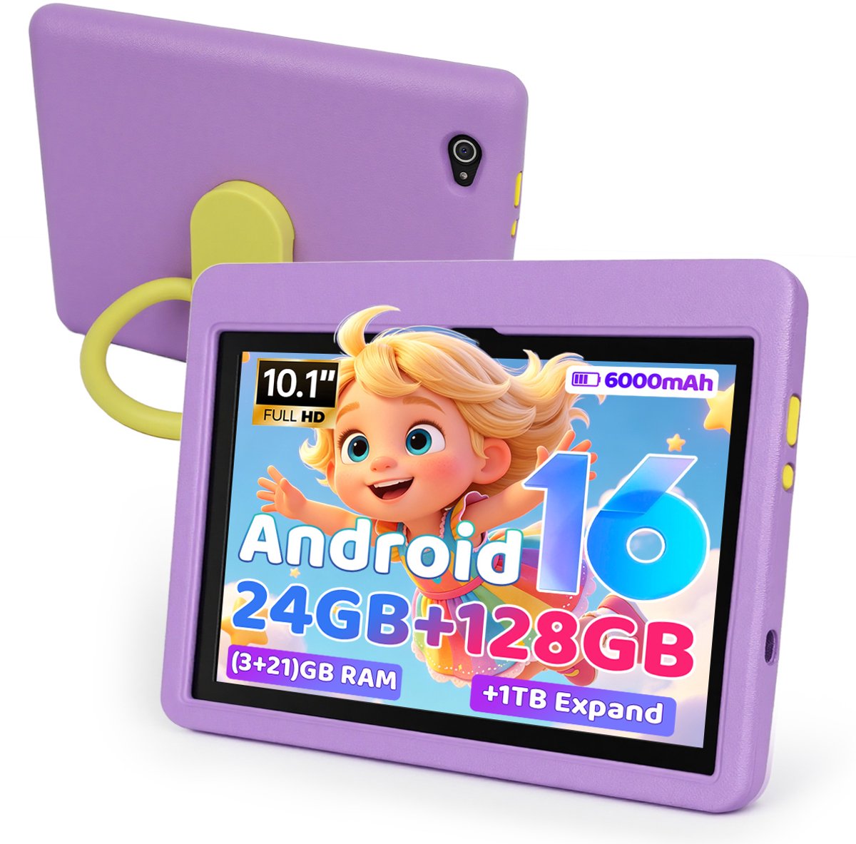 Kindertablet vanaf 3 jaar– 128 GB ROM - 10 inch HD IPS - Android 16 Kinder Tablet- 6000 mAh - WiFi 6 - Ouderlijk Toezicht - Inclusief kindvriendelijk siliconen hoesje - Paars