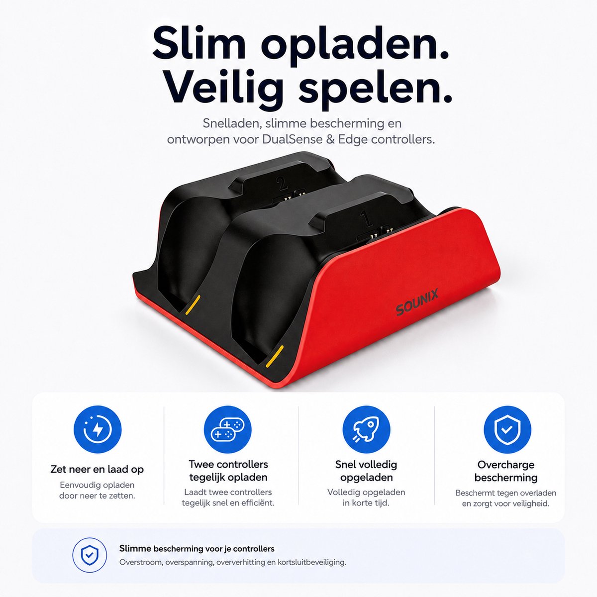 Sounix Oplaadstation geschikt voor PS5 / PS5 Slim / PS5 PRO / DualSense Controller - PS5 accessoires - Dual Oplader - Charging Dock - Rood – foto 7