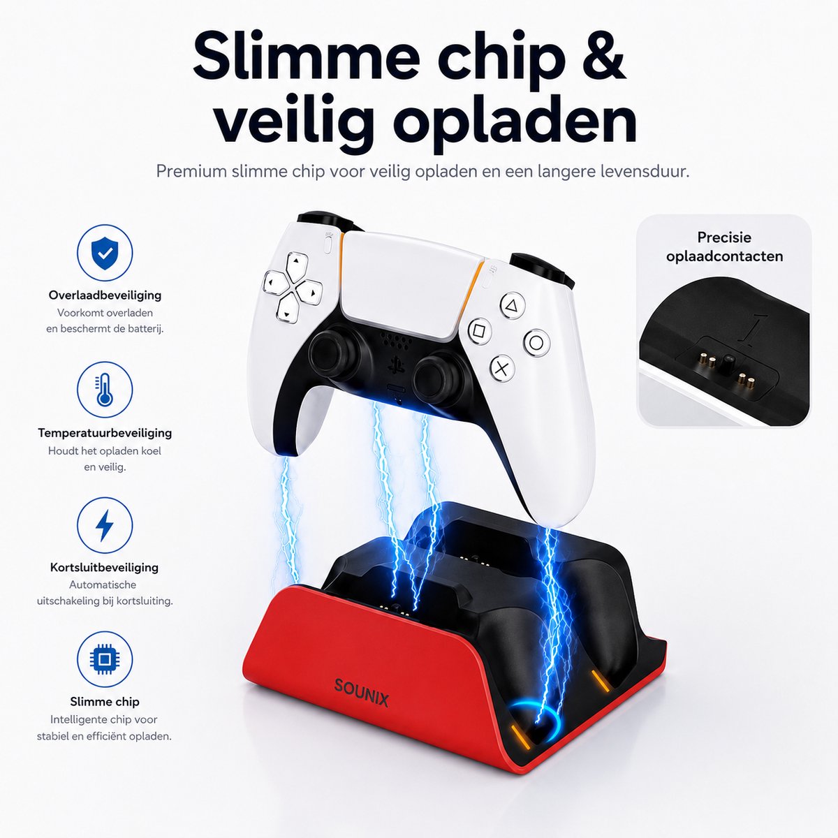 Sounix Oplaadstation geschikt voor PS5 / PS5 Slim / PS5 PRO / DualSense Controller - PS5 accessoires - Dual Oplader - Charging Dock - Rood – foto 8