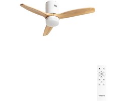 CREATE - Plafondventilator 40W silent 100% hout (Ø132cm) (ruimtes 10m²-25m²) - Wit / Licht hout- Met licht - Afstandsbediening - WIND CALM NATURAL WOOD