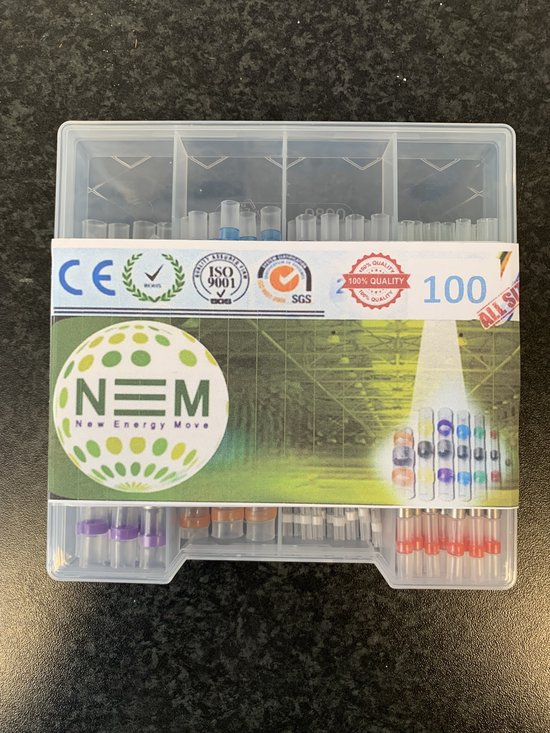 Verpakking van 100 NEM soldeerhulzen en soldeerverbinders, met CE en ISO certificeringen.