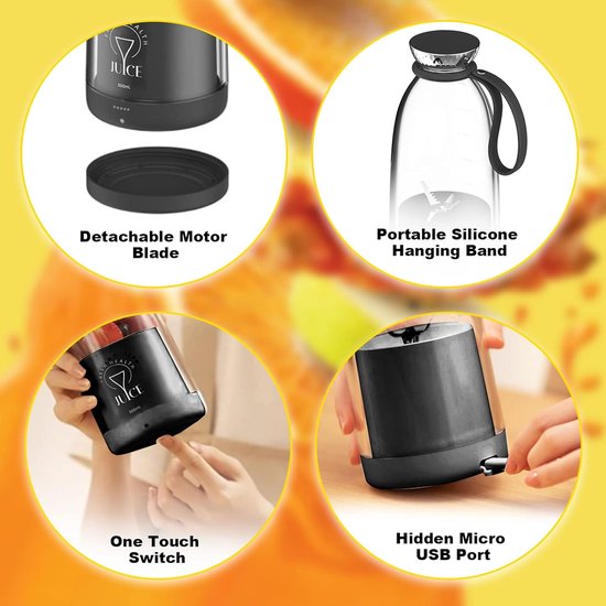 Sander Shop Draagbare Smoothiemaker To Go 500 ml - Oplaadbare Mixer met 6 Messen Roestvrij Staal, Fresh Juice Fles voor Babyvoeding, Sportschool, Reizen (zwart) van Merkloos — afbeelding 5