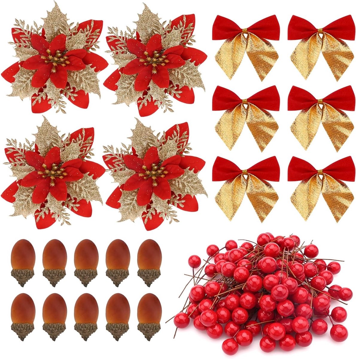120 Stuks Kerstkrans Accessoires Set met Waterdichte Bessen Takken, Gouden en Rode Decoratie, Kunstmatige Bessen en Eikels voor Kerstboom en Krans Versieringen