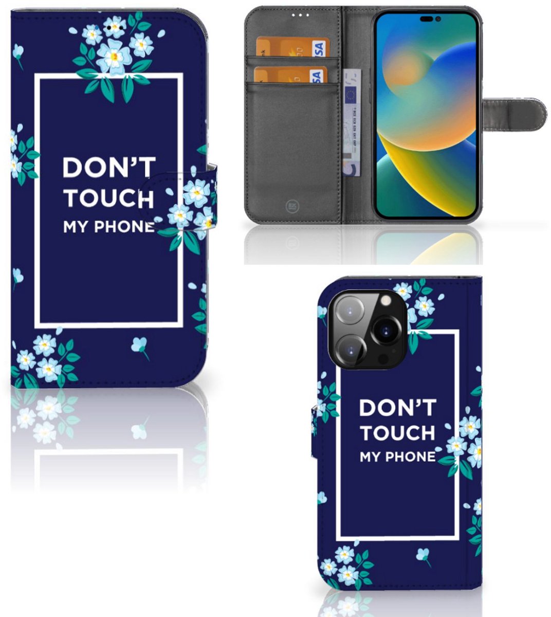 iPhone 14 Pro Max Portemonnee Hoesje Flowers Blue DTMP
