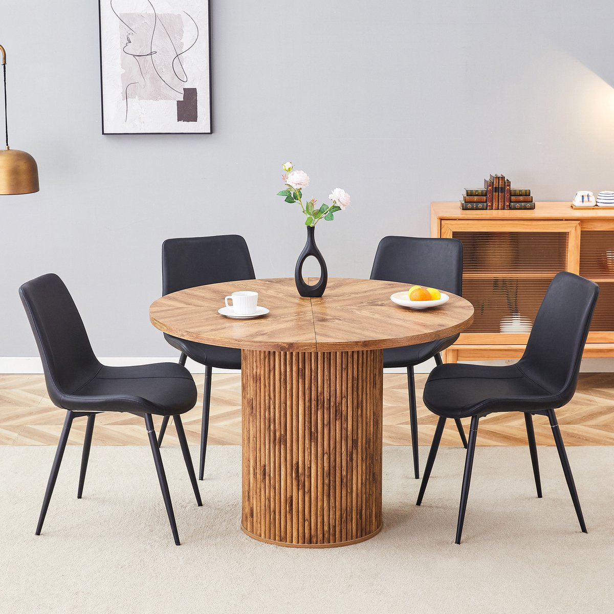 STILVORA Eetkamerset 100 Cm - Ronde Eettafel Met 4 Stoelen - Voor Eetkamer - MDF En Kunstl