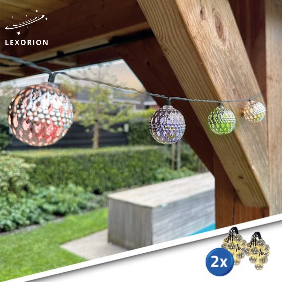 Lexorion Solar lichtsnoer Marrakech 2x 5 meter – Multicolor – Zonne-energie tuinverlichting – Buiten lichtsnoer set